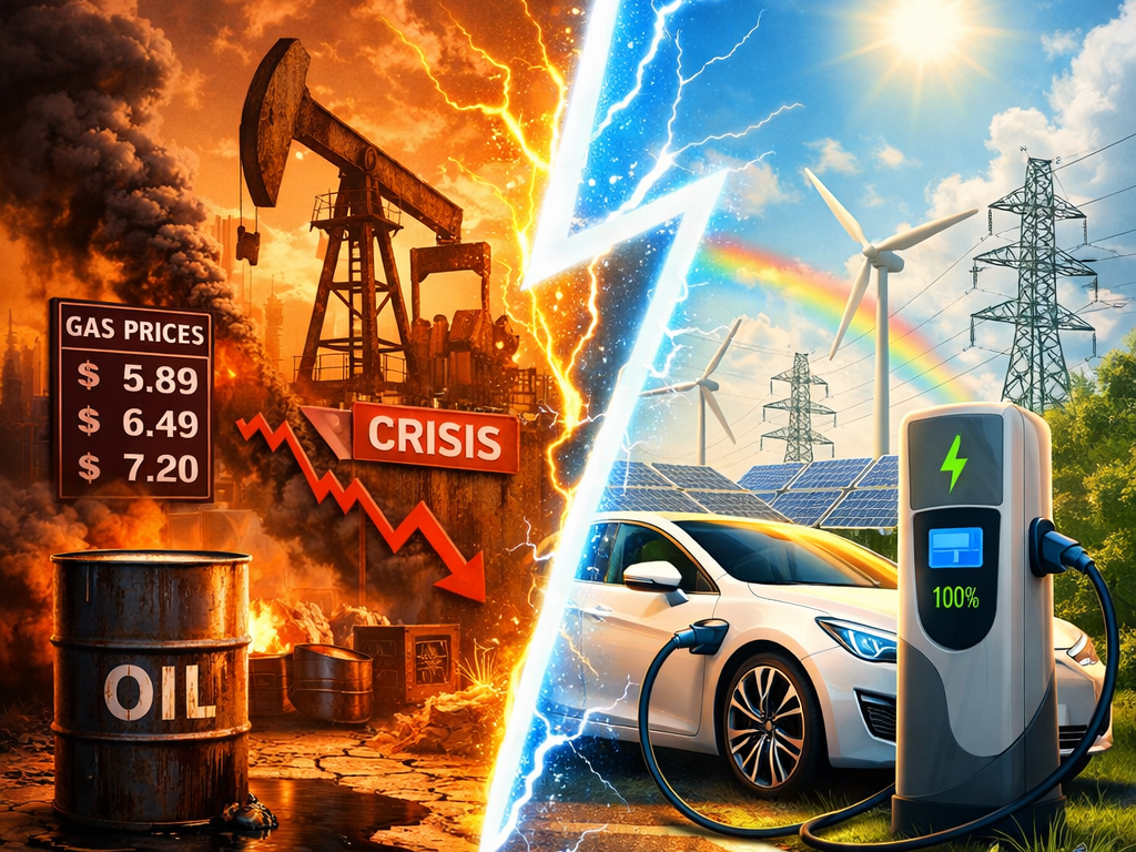 Left side shows oil pump, oil barrels, high gas prices, and crisis sign; right side shows electric car charging station with wind turbines, solar panels, and blue sky