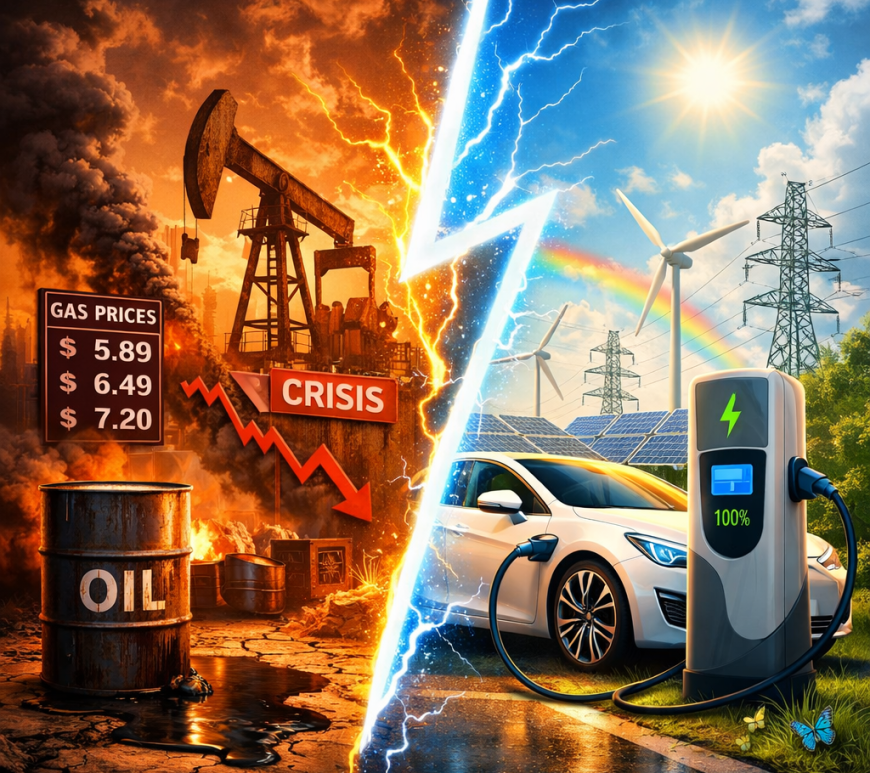 Left side shows oil pump, oil barrels, high gas prices, and crisis sign; right side shows electric car charging station with wind turbines, solar panels, and blue sky