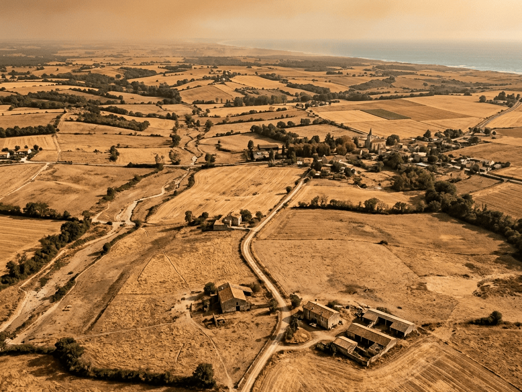 Aerial view of golden farmland, villages, and coastline under hazy skies