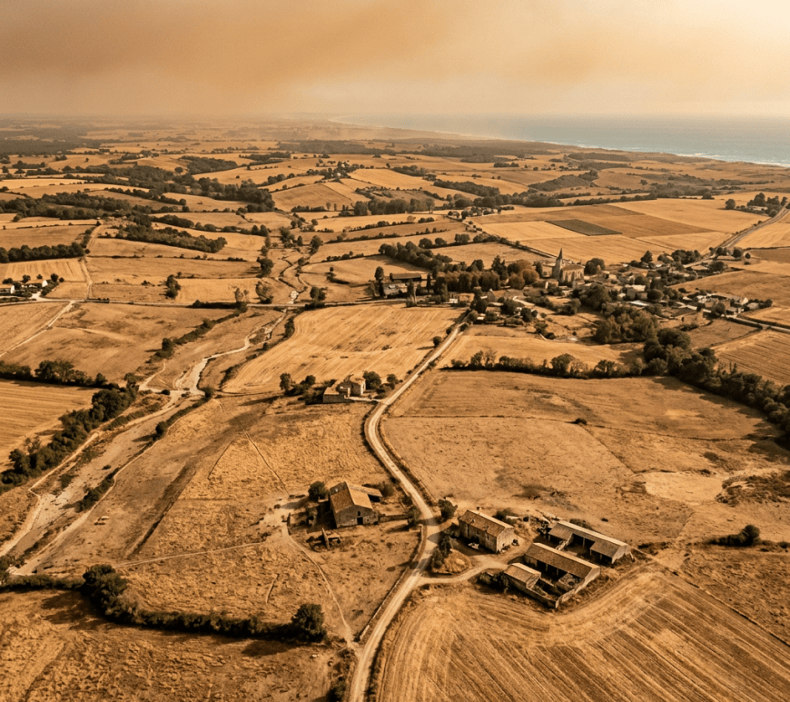 Aerial view of golden farmland, villages, and coastline under hazy skies